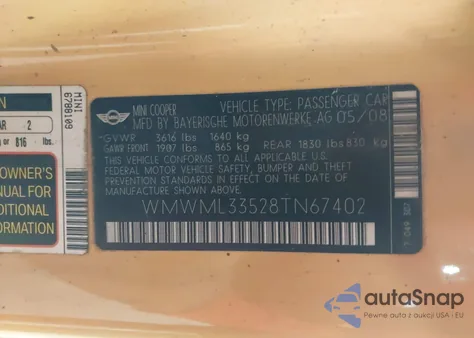 2008 Mini Cooper Clubman из США, поврежденный, VIN WMWML33528TN67402